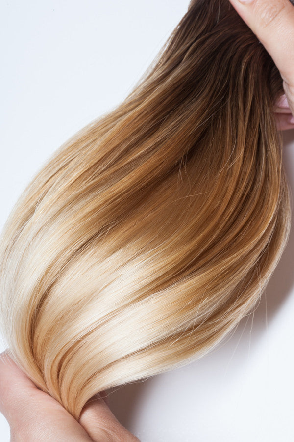 Extensionology Dark brown medium root | Mixture of 27 and 16 for dark ashy blonde (2|27/16M) Luxury seamless tape-in extensions (Tailored) and Matte regular tape in(Bare)