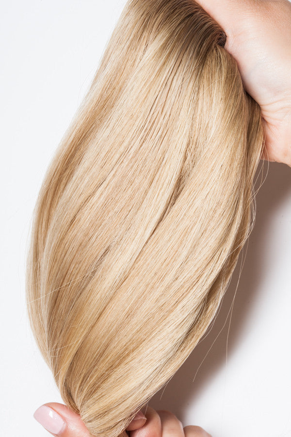 Extensionology: Caramel brown root | Ash blonde (8|R18/22) - Luxury seamless invisible tape-in extensions (Tailored) and Matte regular tape in(Bare)