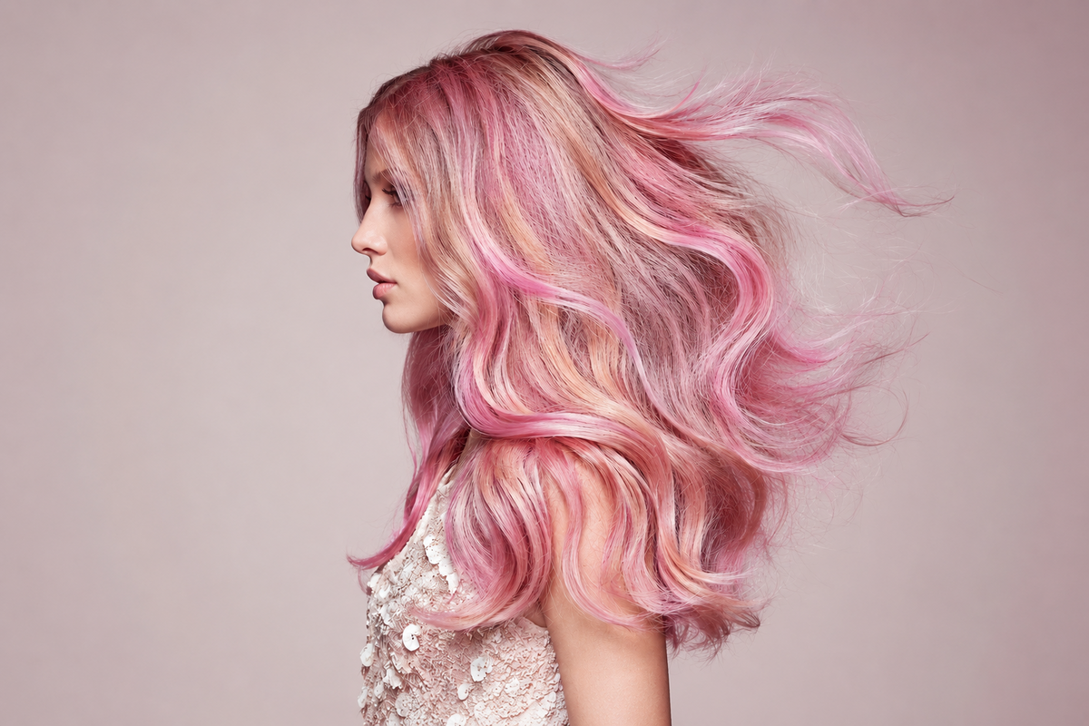 Soft pink and blonde hair color with flowing waves