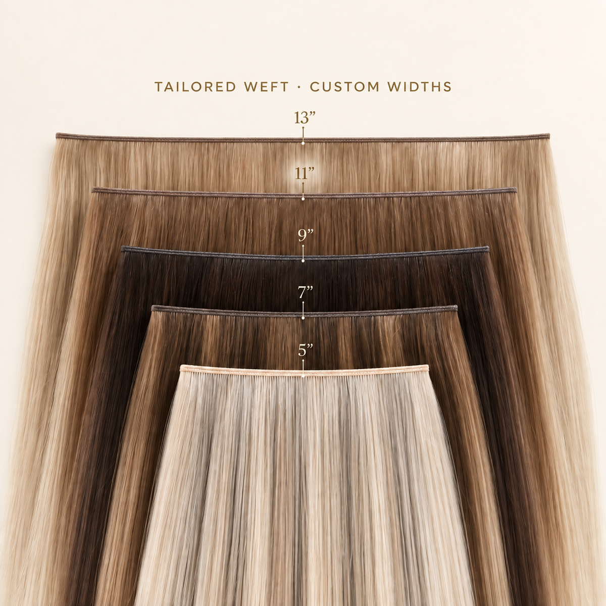 Tailored Weft width comparison with five layered wefts labeled 5, 7, 9, 11 and 13 inches.
